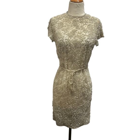 Vintage HandMade in Hong Kong Cream Clear and Pearl Beaded Dress Size 12 - Picture 1 of 9